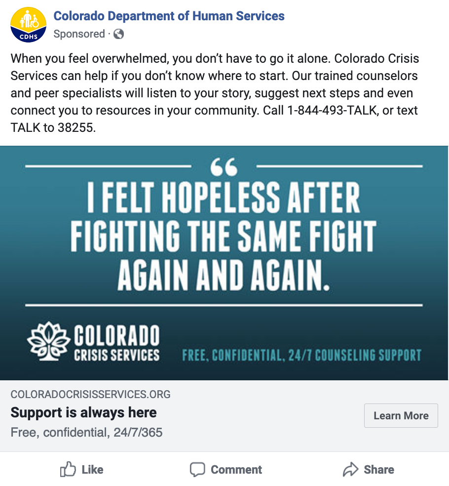 Screenshot of the colorado crisis center posting