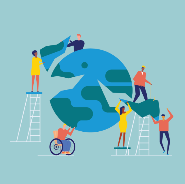 An illustration of a group of people use ladders and teamwork to put together a large-scale model of Earth.