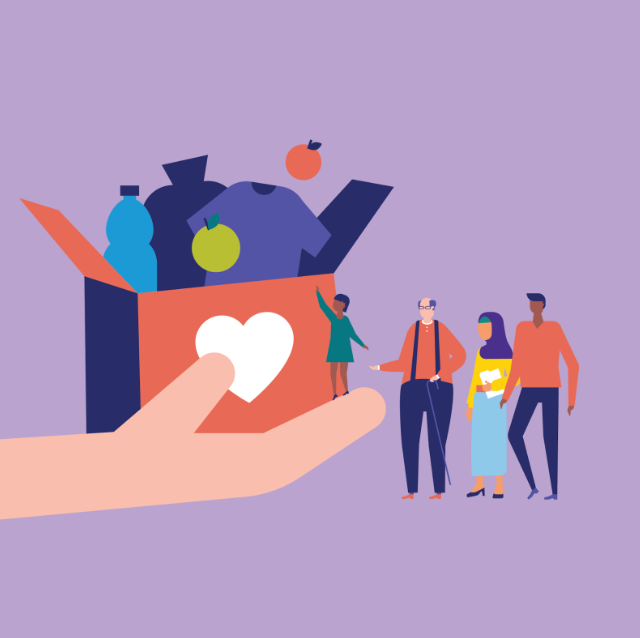Diverse humans of all ages contributing household items into a box for donation held by a giant hand. The box is red with a white heart. The image has a purple background. 