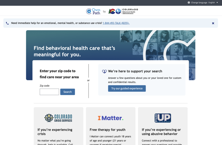 Image of the home page of the OwnPath, the new Colorado behavioral health care directory