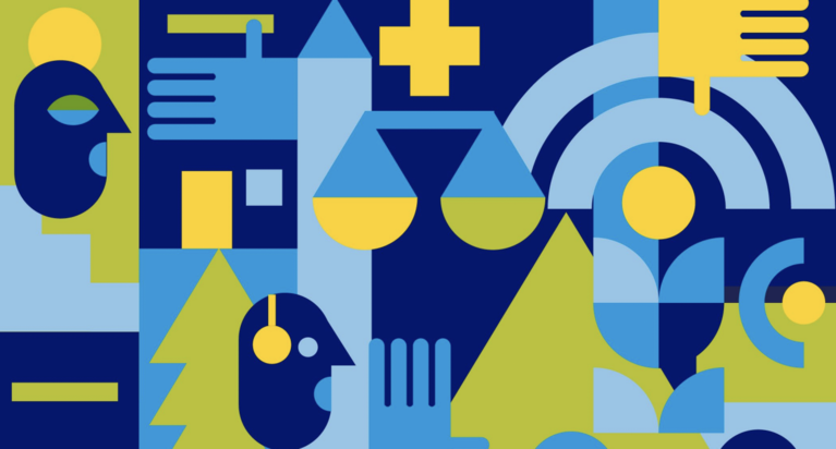 Illustrated collage image with abstract faces, crosses, justice scales, hands, hospitals, trees, and mountains.