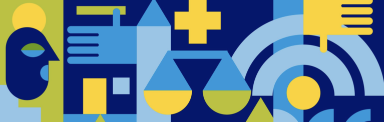 Illustrated collage image with abstract faces, crosses, justice scales, hands, hospitals, trees, and mountains. 
