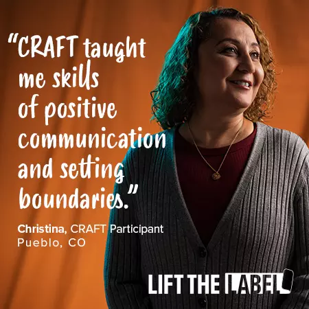 A person with long, curly hair wearing a grey sweater named Christine looks to the right into a light and smiles. The quote that reads "CRAFT taught me skills of positive communication and setting boundaries,". The Lift the Label logo sits in the bottom right corner.