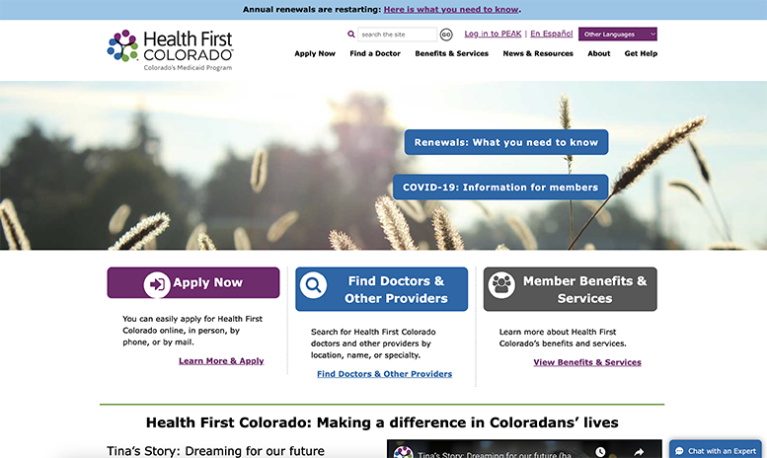 Screenshot of Health First Colorado website